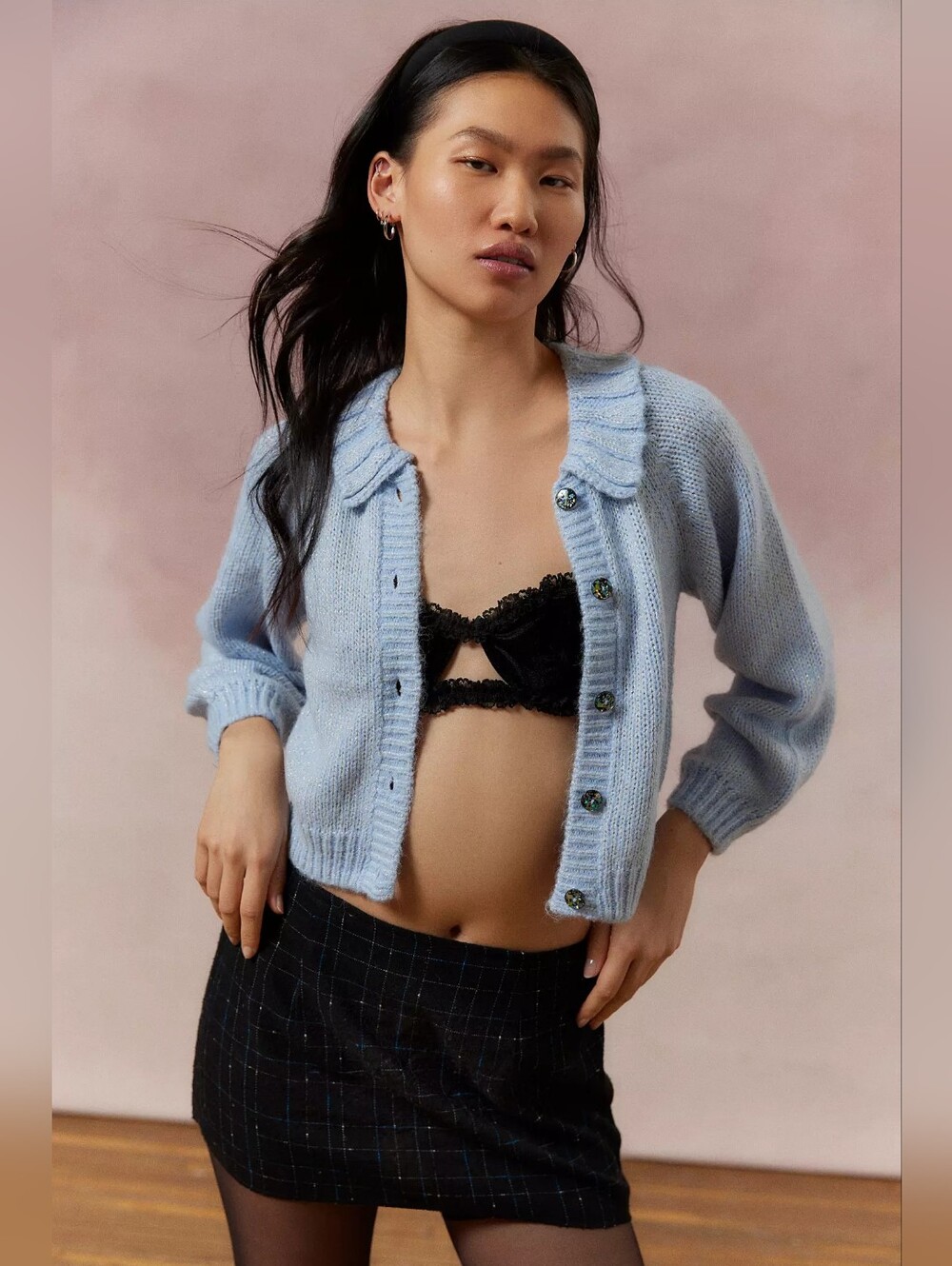 Kimchi Blue Mirabell Light Blue Sparkly Knit Cardigan with Ruffle Collar Cropped - Picture 3 of 13